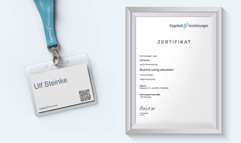 Messe-Badge und Zertifikat